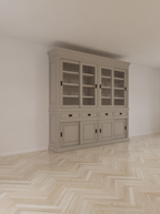 Buffetschrank Bari - 240x50x240H cm - mittlerer Rahmen aus Eiche - oberer Rahmen aus Eiche - 4 Schiebetüren in der Vitrine - 4 geschlossene Schiebetüren - 4 Schubladen mit Soft Close