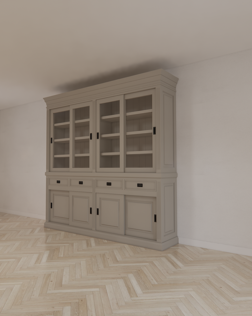 Buffetschrank Bari - 240x50x240H cm - mittlerer Rahmen aus Eiche - oberer Rahmen aus Eiche - 4 Schiebetüren in der Vitrine - 4 geschlossene Schiebetüren - 4 Schubladen mit Soft Close