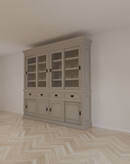 Buffetschrank Bari - 240x50x240H cm - mittlerer Rahmen aus Eiche - oberer Rahmen aus Eiche - 4 Schiebetüren in der Vitrine - 4 geschlossene Schiebetüren - 4 Schubladen mit Soft Close
