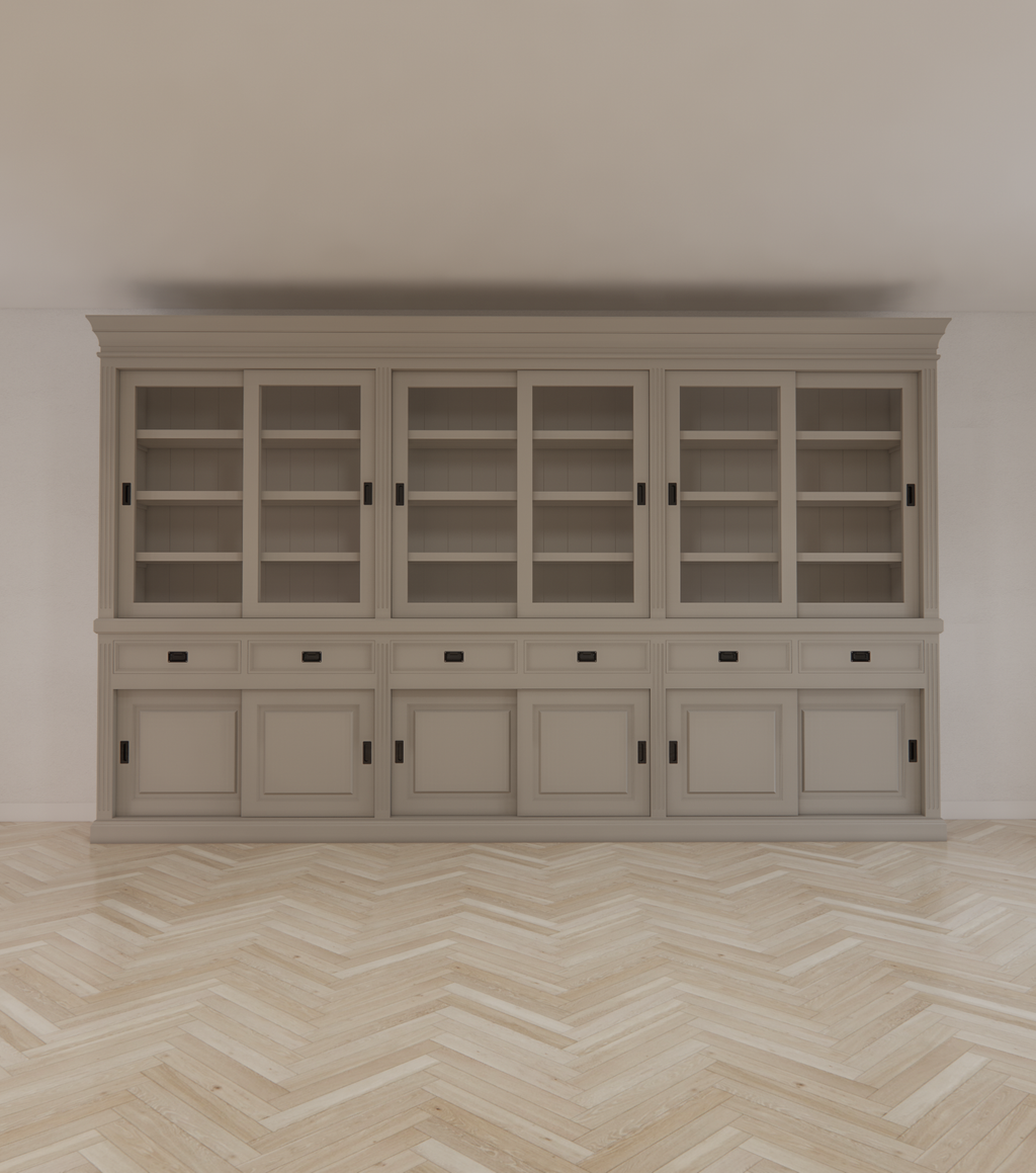 Buffetschrank Bari - 390x50x240H cm - Mittelrahmen Eiche - Oberrahmen Eiche - Rückwand Eiche - mit Schiebetüren und Soft-Close-Schubladen