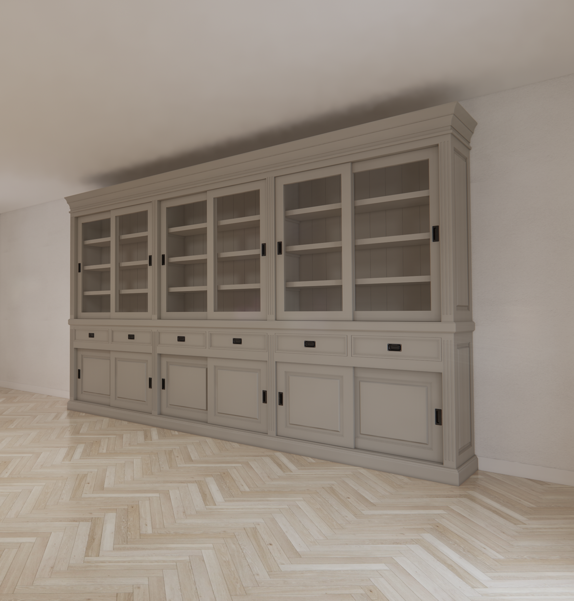 Buffetschrank Bari - 390x50x240H cm - Mittelrahmen Eiche - Oberrahmen Eiche - Rückwand Eiche - mit Schiebetüren und Soft-Close-Schubladen