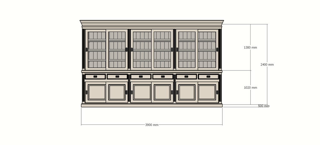 Buffetschrank Bari - 390x50x240H cm - Mittelrahmen Eiche - Oberrahmen Eiche - Rückwand Eiche - mit Schiebetüren und Soft-Close-Schubladen