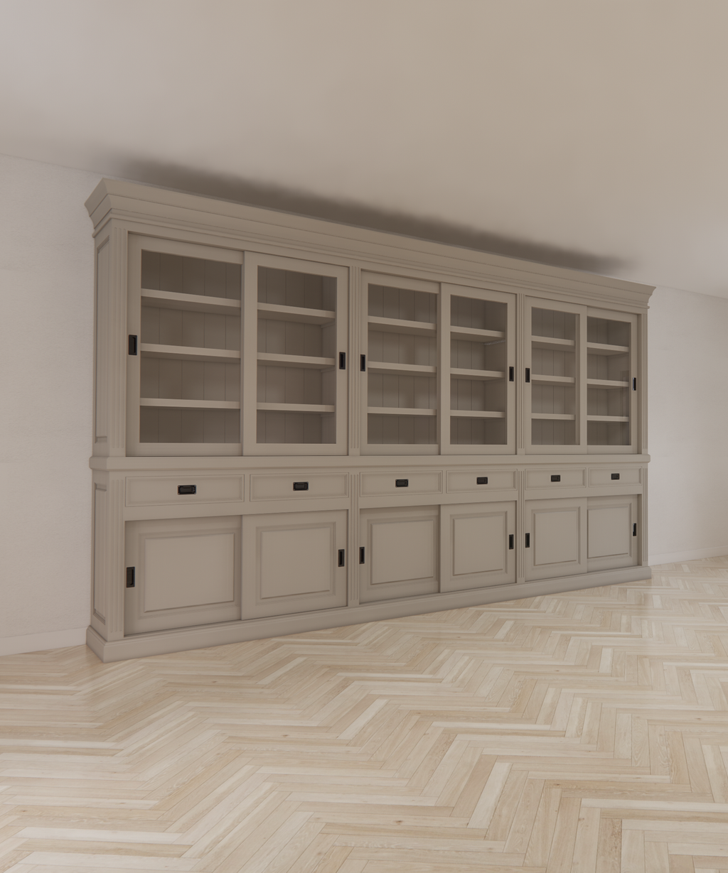Buffetschrank Bari - 390x50x240H cm - Mittelrahmen Eiche - Oberrahmen Eiche - Rückwand Eiche - mit Schiebetüren und Soft-Close-Schubladen