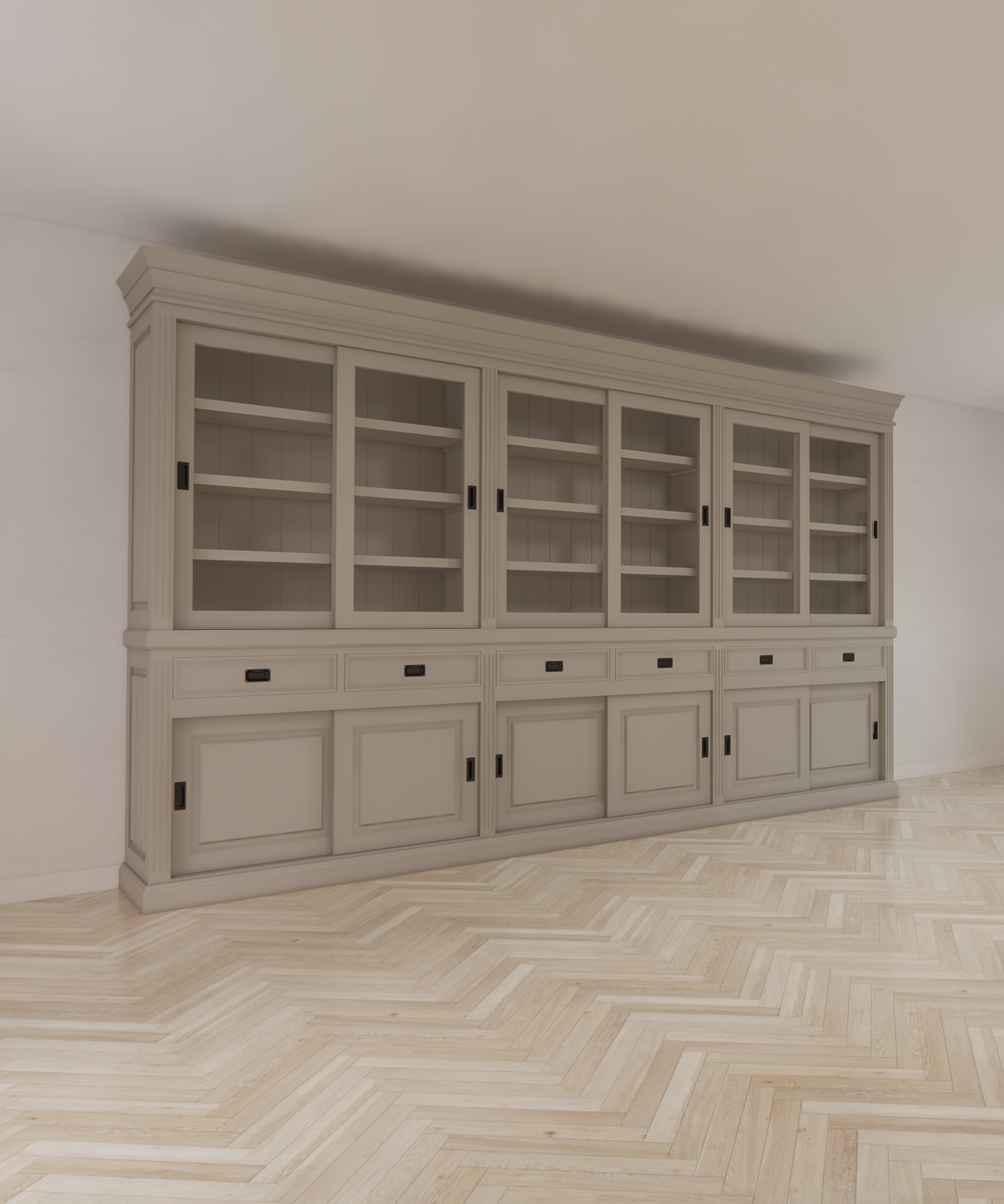 Buffetschrank Bari - 390x50x240H cm - Mittelrahmen Eiche - Oberrahmen Eiche - Rückwand Eiche - mit Schiebetüren und Soft-Close-Schubladen