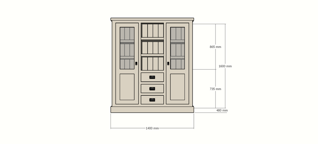 Buffetschrank Barletta - 140x48x160H cm - Dienstmädchenschrank - 2 Schranktüren - offener Mittelraum - 3 Soft-Close-Schubladen
