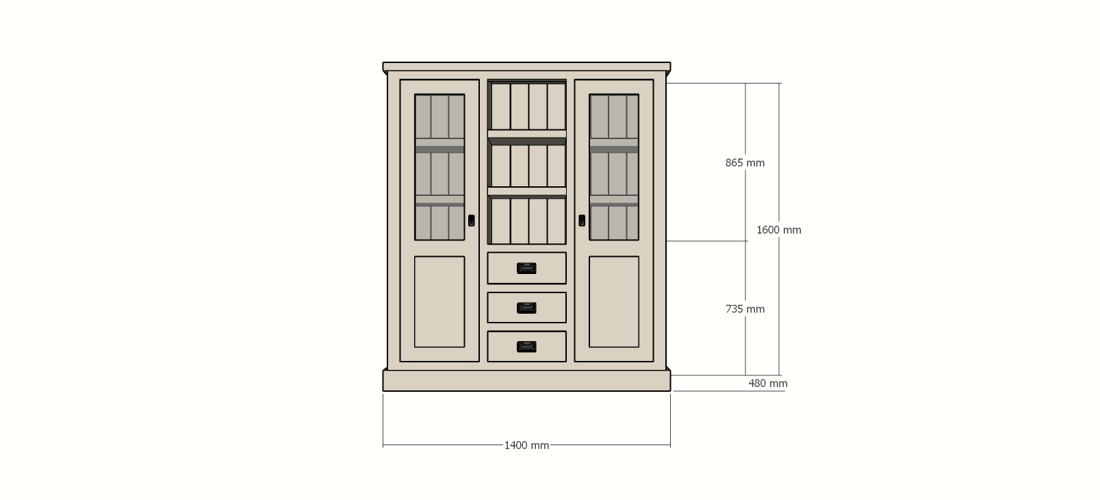 Buffetschrank Barletta - 140x48x160H cm - Dienstmädchenschrank - 2 Schranktüren - offener Mittelraum - 3 Soft-Close-Schubladen
