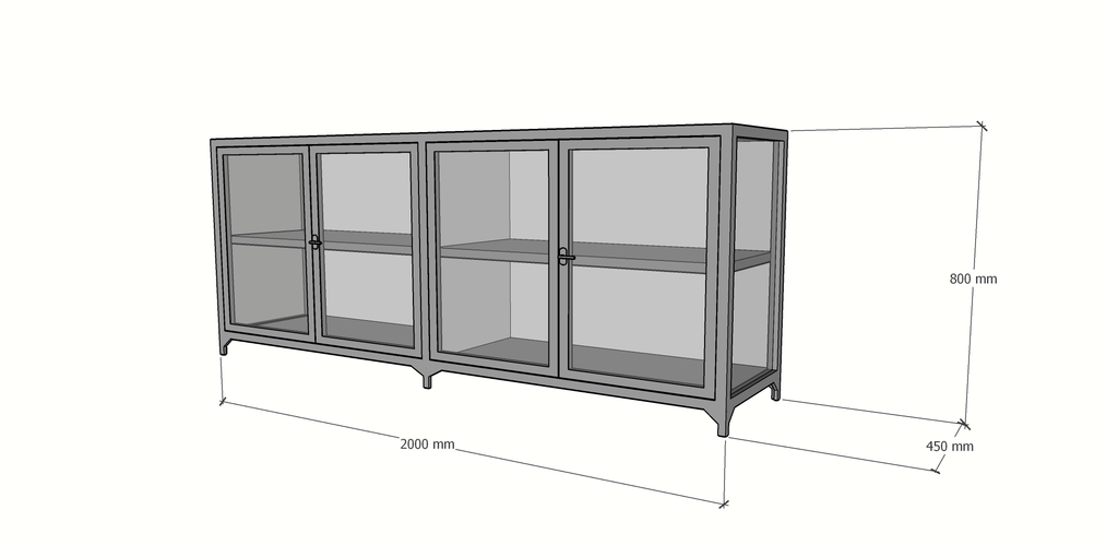 Sideboard/Theke Belo - 200x45x80H cm - 4 Flügeltüren - Ganzglas