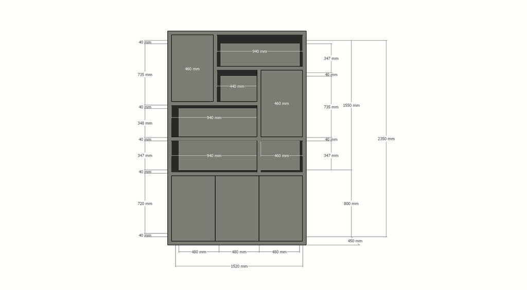 Bendigo Fächerschrank - 152x45x235H cm - 5 push-to-open Türen - 5 offene Fächer - 4cm Fachbodenstärke
