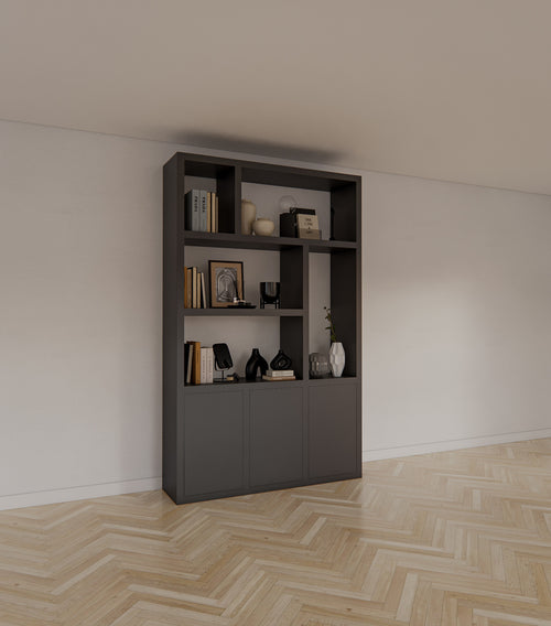 Abteilungs-/Raumteiler Bergen - 150x40x240H cm - 5cm Fachbodenstärke - 3 push-to-open Türen - offene Rückwand