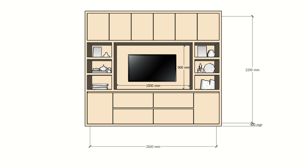 TV-Fachschrank Biarritz - 260x40x220H cm - TV-Fach - Cinewall - push to open Türen - grifflose Soft-Close-Schubladen - offene Fächer - schlankes Design - 5cm Fachboden- und Rahmenstärke