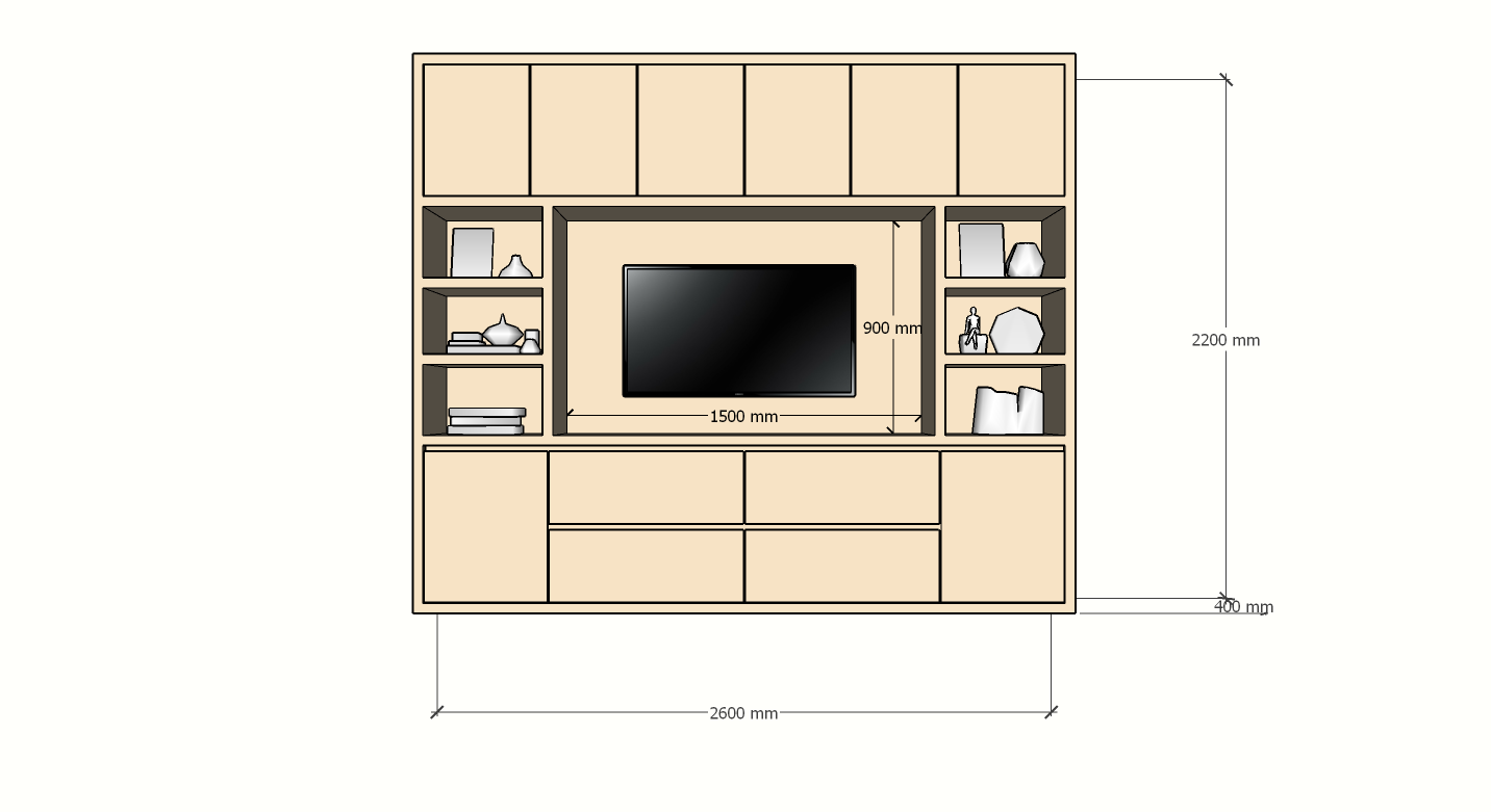 TV-Fachschrank Biarritz - 260x40x220H cm - TV-Fach - Cinewall - push to open Türen - grifflose Soft-Close-Schubladen - offene Fächer - schlankes Design - 5cm Fachboden- und Rahmenstärke
