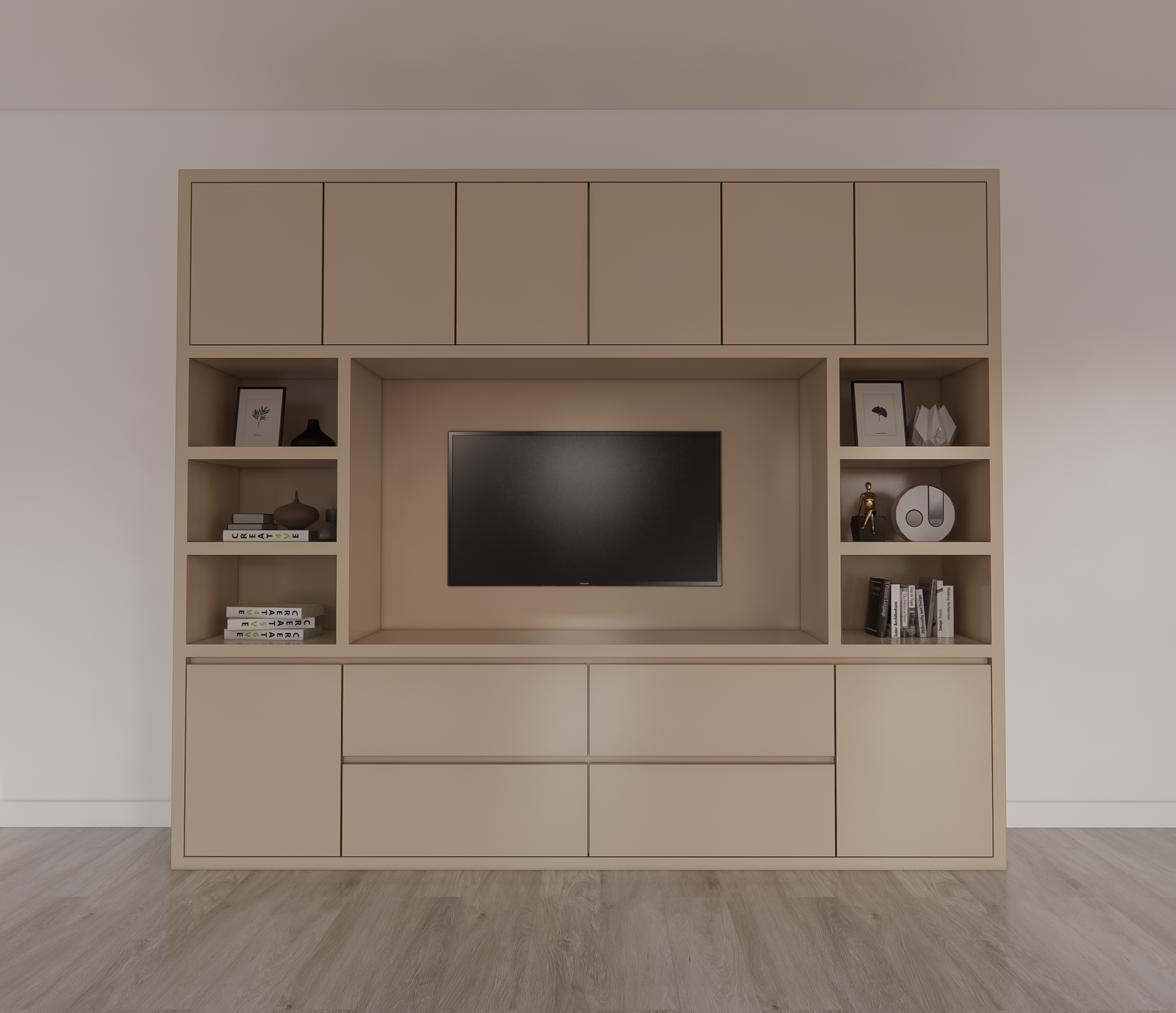 TV-Fachschrank Biarritz - 260x40x220H cm - TV-Fach - Cinewall - push to open Türen - grifflose Soft-Close-Schubladen - offene Fächer - schlankes Design - 5cm Fachboden- und Rahmenstärke