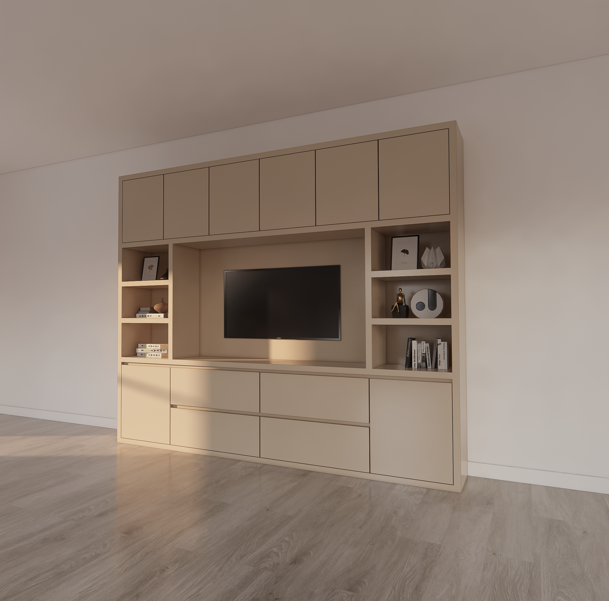 TV-Fachschrank Biarritz - 260x40x220H cm - TV-Fach - Cinewall - push to open Türen - grifflose Soft-Close-Schubladen - offene Fächer - schlankes Design - 5cm Fachboden- und Rahmenstärke