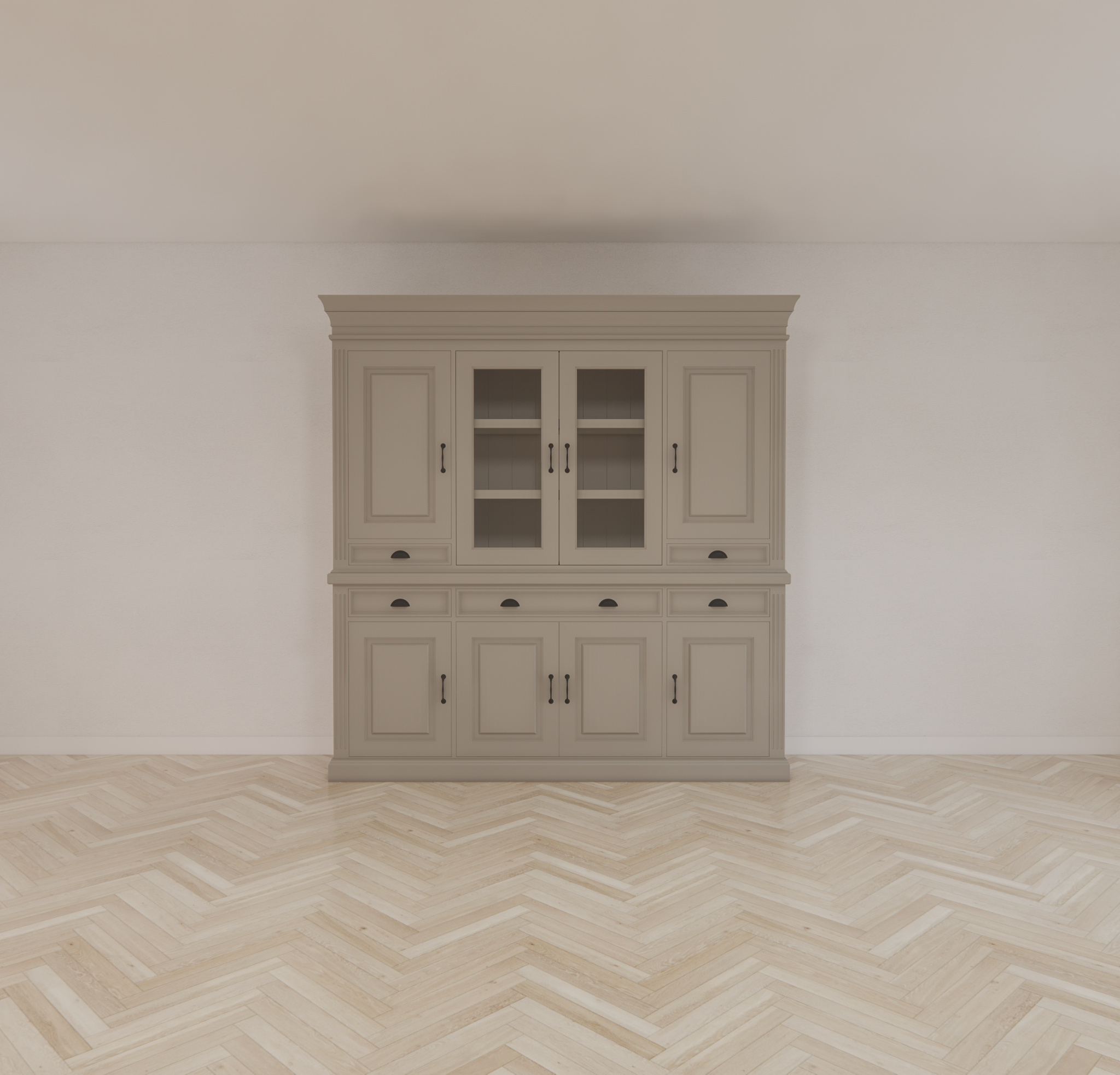 Buffetschrank Bloemendaal - 210x50x220H cm - geschlossene Türen und Vitrinendrehtüren im Oberschrank - 5 Soft-Close-Schubladen