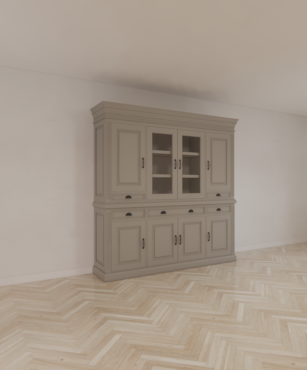 Buffetschrank Bloemendaal - 210x50x220H cm - geschlossene Türen und Vitrinendrehtüren im Oberschrank - 5 Soft-Close-Schubladen
