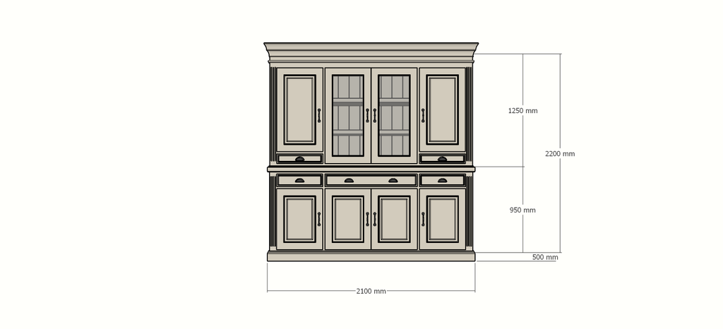 Buffetschrank Bloemendaal - 210x50x220H cm - geschlossene Türen und Vitrinendrehtüren im Oberschrank - 5 Soft-Close-Schubladen