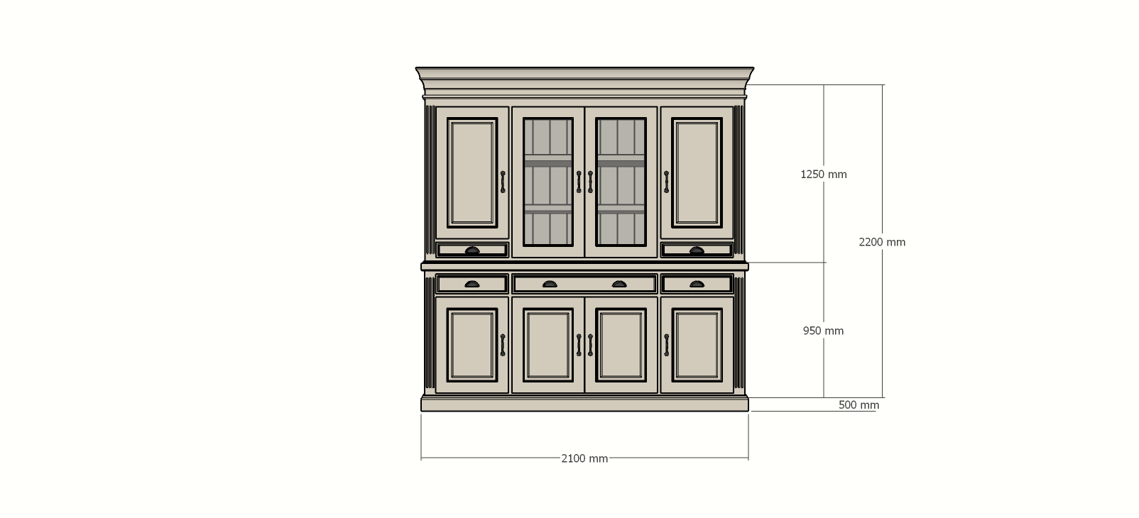 Buffetschrank Bloemendaal - 210x50x220H cm - geschlossene Türen und Vitrinendrehtüren im Oberschrank - 5 Soft-Close-Schubladen