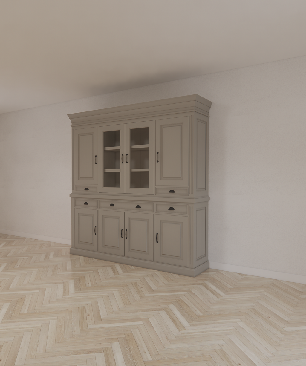 Buffetschrank Bloemendaal - 210x50x220H cm - geschlossene Türen und Vitrinendrehtüren im Oberschrank - 5 Soft-Close-Schubladen