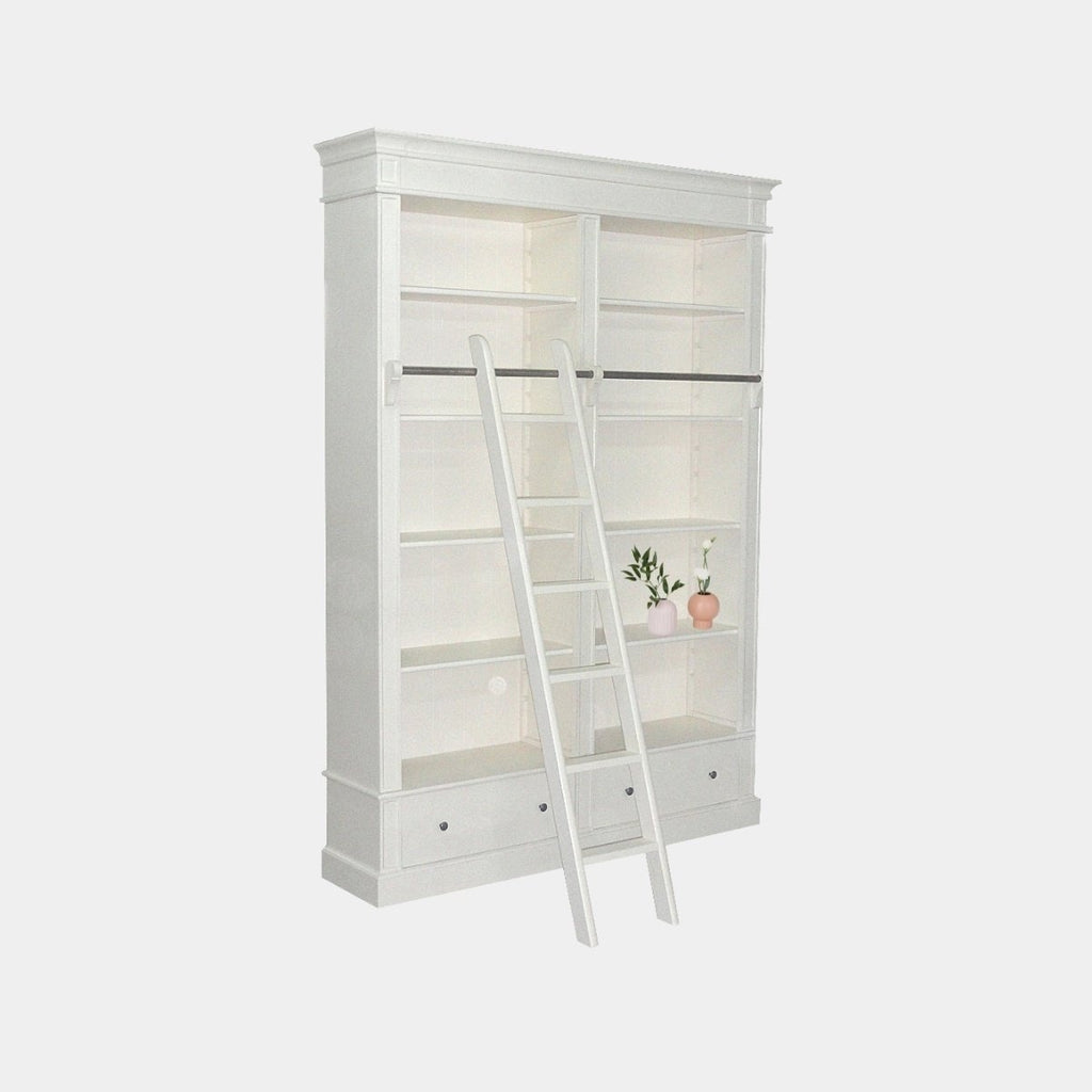 Brighton Bibliothek - Bücherregal - 171x43x240H cm - zerlegbar - mit Stange und Leiter - 8 verstellbare Einlegeböden - 2 Soft-Close-Schubladen
