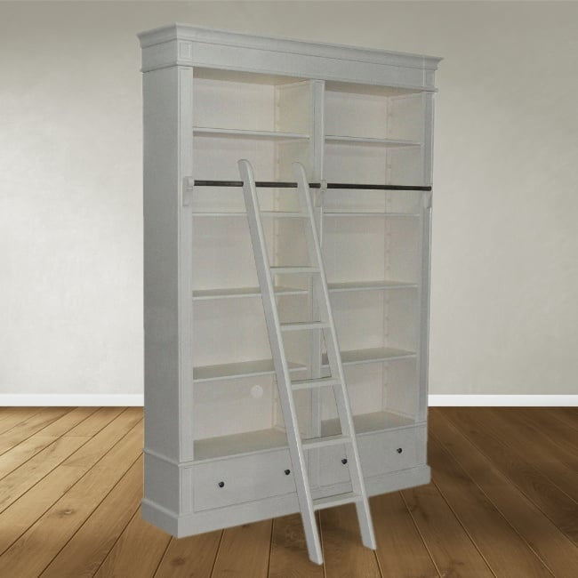 Brighton Bibliothek - Bücherregal - 171x43x240H cm - zerlegbar - mit Stange und Leiter - 8 verstellbare Einlegeböden - 2 Soft-Close-Schubladen
