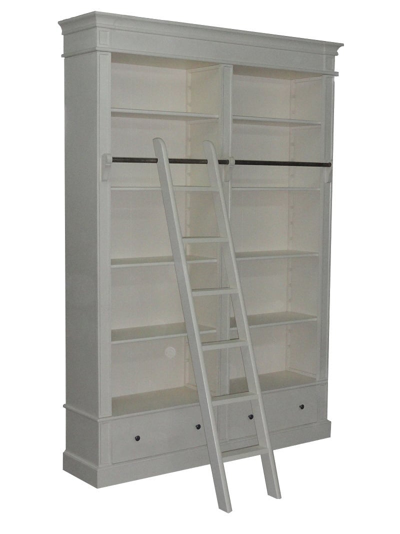 Brighton Bibliothek - Bücherregal - 171x43x240H cm - zerlegbar - mit Stange und Leiter - 8 verstellbare Einlegeböden - 2 Soft-Close-Schubladen