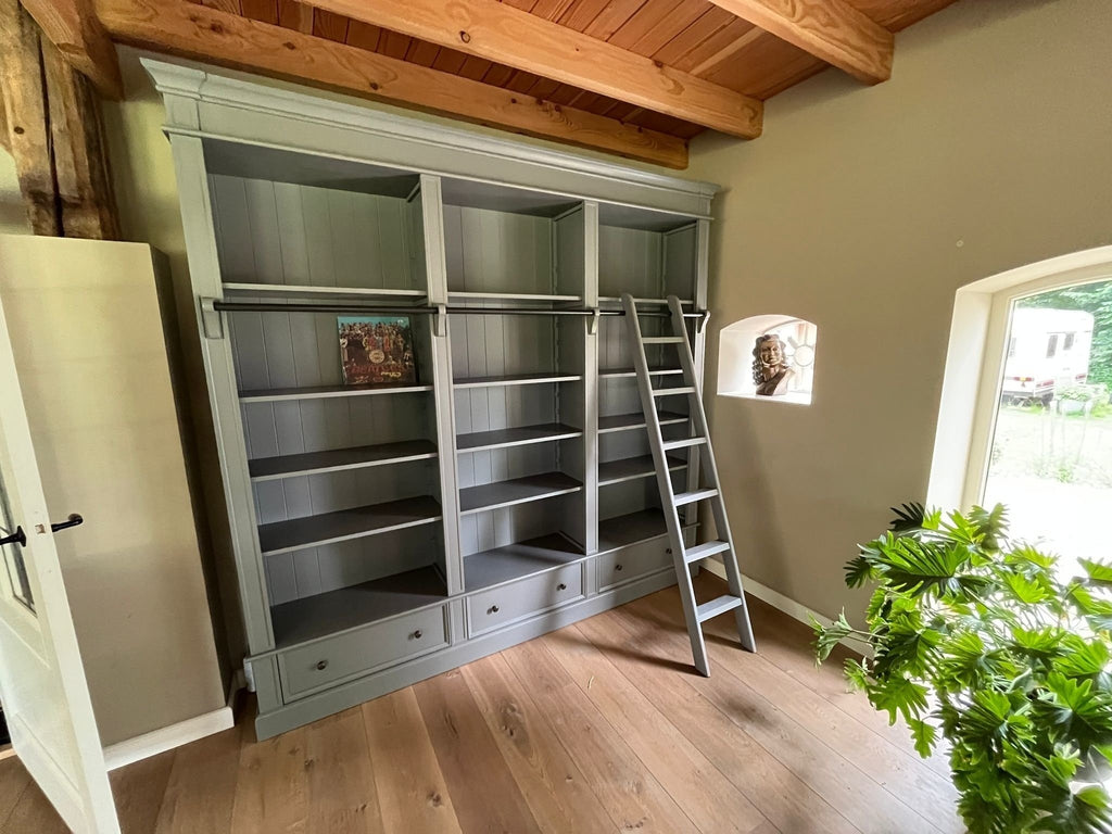 Brighton Bibliothek - Bücherregal - 250x40x240H cm - zerlegbar - mit Stange und Leiter - 12 verstellbare Einlegeböden - 3 Soft-Close-Schubladen
