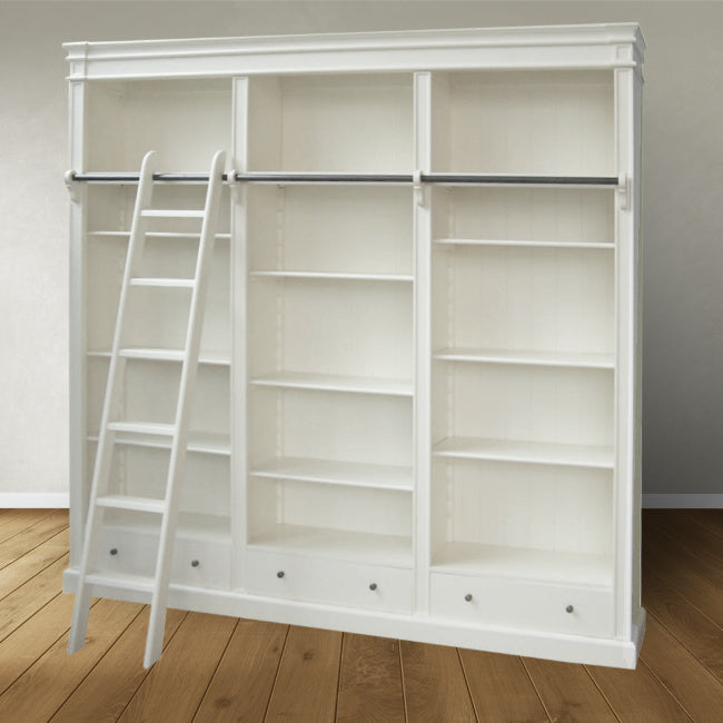 Brighton Bibliothek - Bücherregal - 250x40x240H cm - zerlegbar - mit Stange und Leiter - 12 verstellbare Einlegeböden - 3 Soft-Close-Schubladen