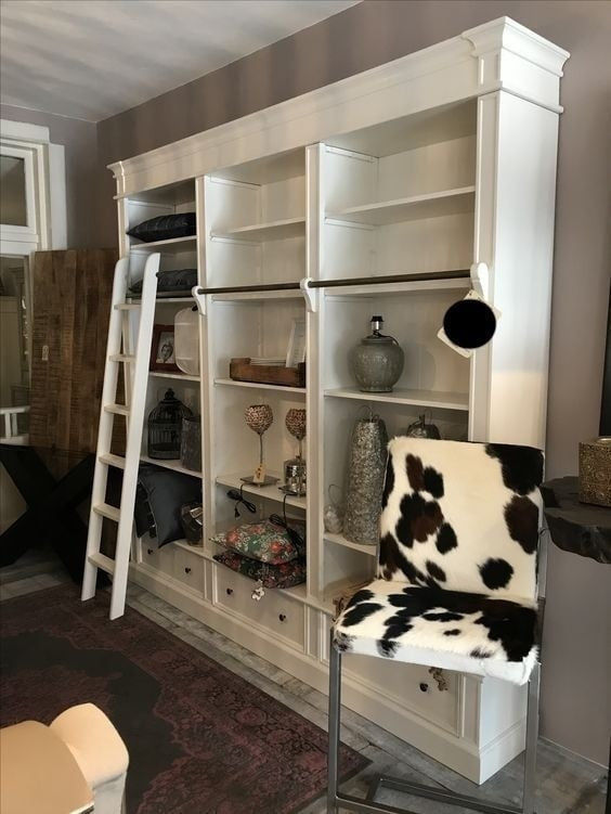 Brighton Bibliothek - Bücherregal - 250x40x240H cm - zerlegbar - mit Stange und Leiter - 12 verstellbare Einlegeböden - 3 Soft-Close-Schubladen
