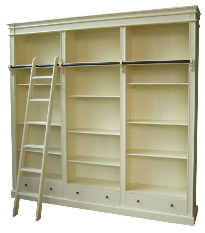 Brighton Bibliothek - Bücherregal - 250x40x240H cm - zerlegbar - mit Stange und Leiter - 12 verstellbare Einlegeböden - 3 Soft-Close-Schubladen