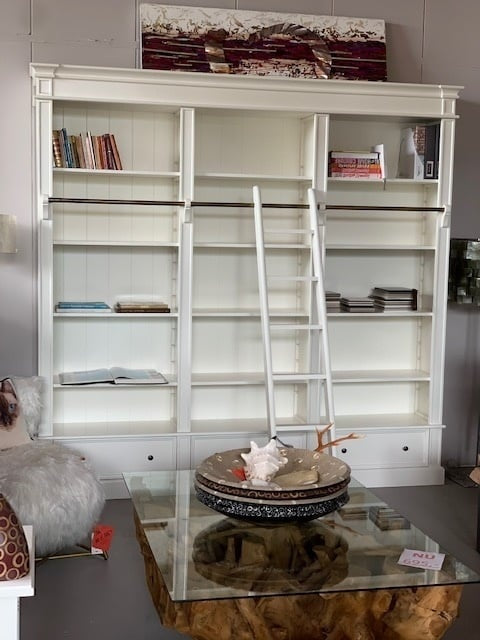 Brighton Bibliothek - Bücherregal - 250x40x240H cm - zerlegbar - mit Stange und Leiter - 12 verstellbare Einlegeböden - 3 Soft-Close-Schubladen