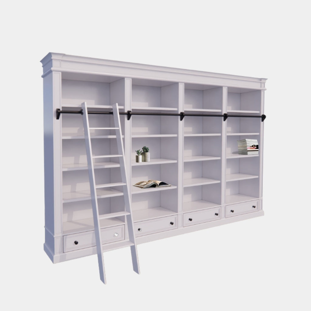 Brighton Bibliothek - Bücherregal - 330x40x240H cm - zerlegbar - mit Stange und Leiter - 330x40x240H cm - 16 verstellbare Einlegeböden - 4 Schubladen mit Soft Close