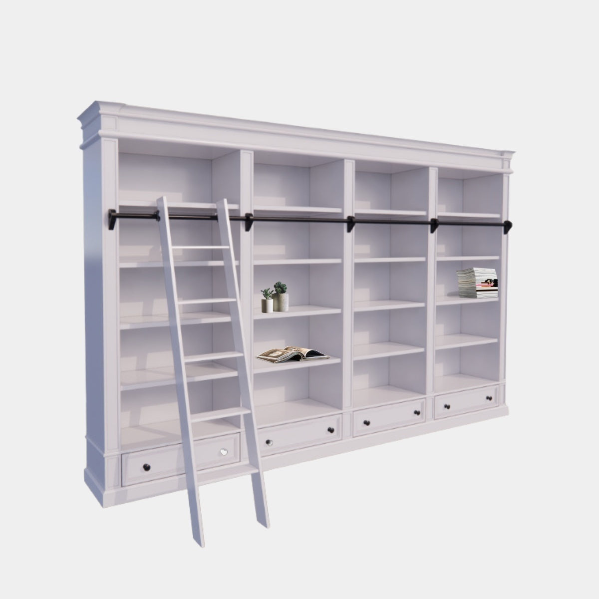 Brighton Bibliothek - Bücherregal - 330x40x240H cm - zerlegbar - mit Stange und Leiter - 330x40x240H cm - 16 verstellbare Einlegeböden - 4 Schubladen mit Soft Close
