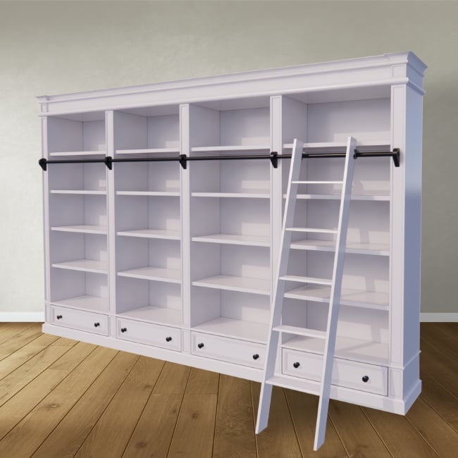 Brighton Bibliothek - Bücherregal - 330x40x240H cm - zerlegbar - mit Stange und Leiter - 330x40x240H cm - 16 verstellbare Einlegeböden - 4 Schubladen mit Soft Close
