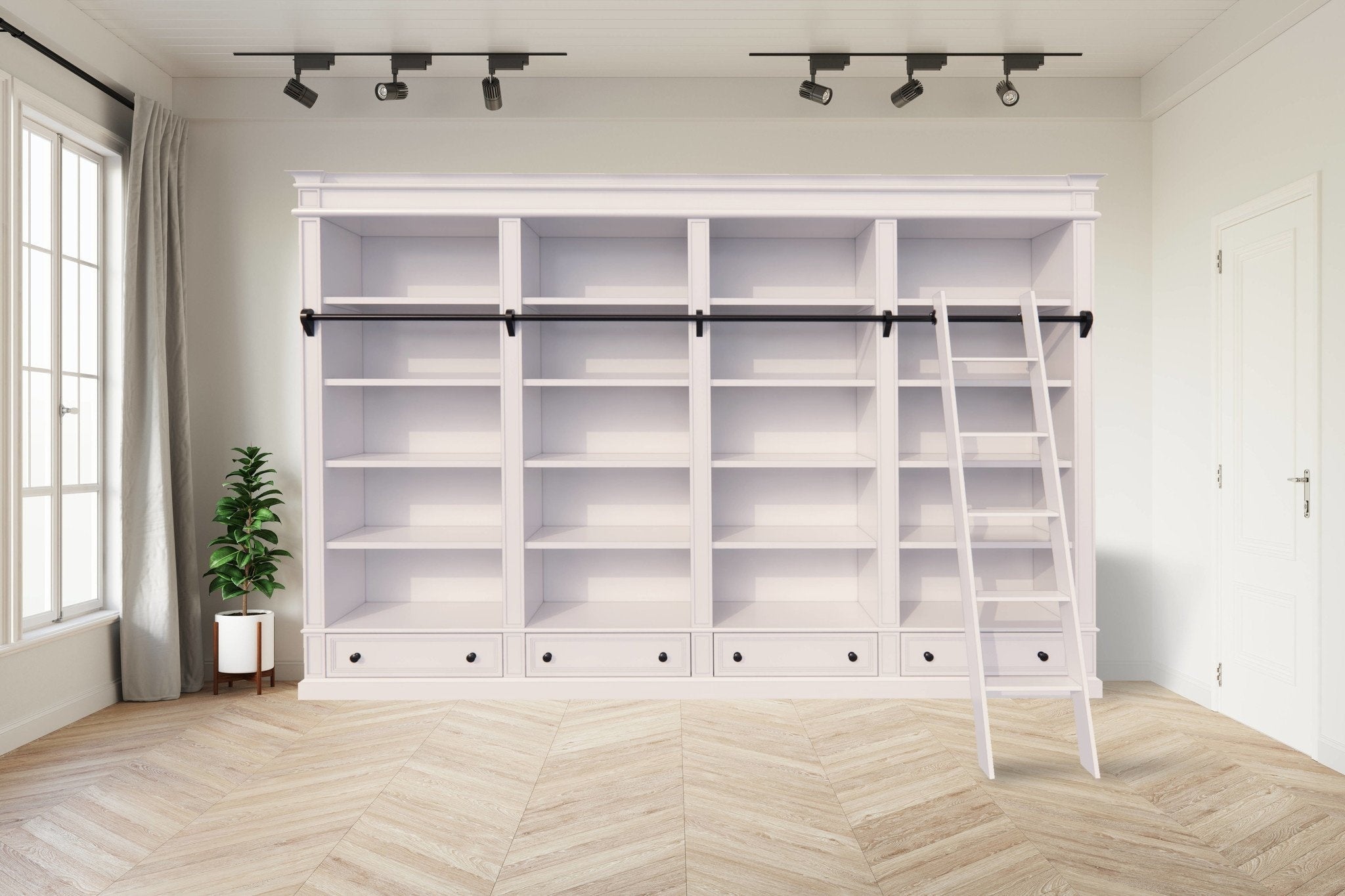 Brighton Bibliothek - Bücherregal - 330x40x240H cm - zerlegbar - mit Stange und Leiter - 330x40x240H cm - 16 verstellbare Einlegeböden - 4 Schubladen mit Soft Close