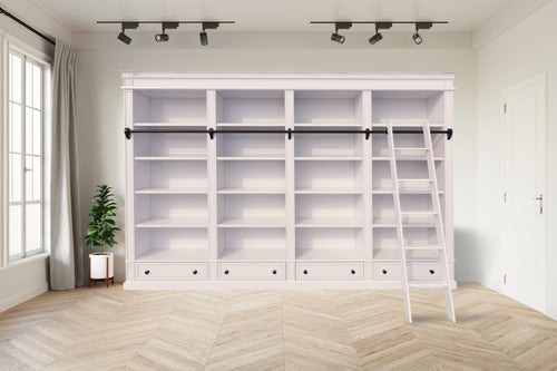 Brighton Bibliothek - Bücherregal - 330x40x240H cm - zerlegbar - mit Stange und Leiter - 330x40x240H cm - 16 verstellbare Einlegeböden - 4 Schubladen mit Soft Close