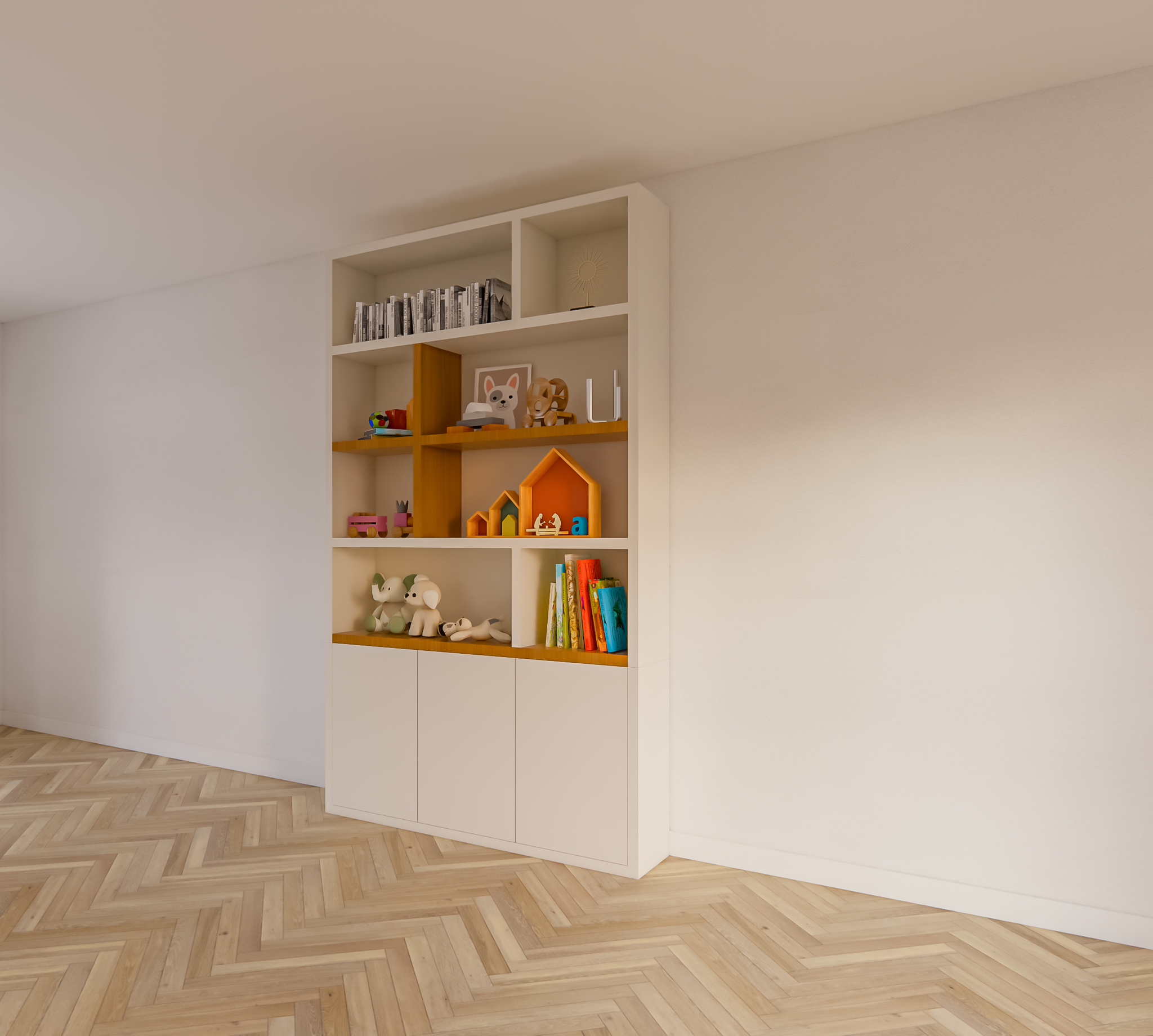 Kommode Brunei - 150x30x250H cm - push-to-open Türen - mit Eichenholzeinlegeböden - schlichte Ausführung