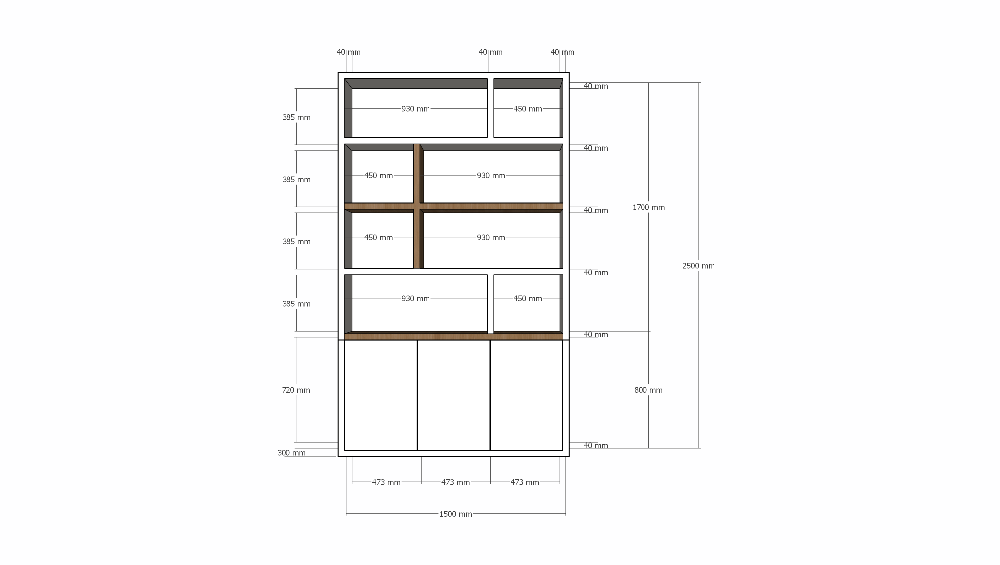 Kommode Brunei - 150x30x250H cm - push-to-open Türen - mit Eichenholzeinlegeböden - schlichte Ausführung