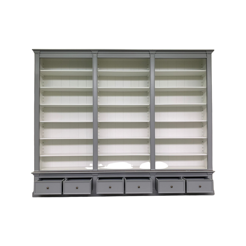 Classy Library Bücherregal - 300x43x240H cm - 18 verstellbare Bücherregale - 6 Schubladen