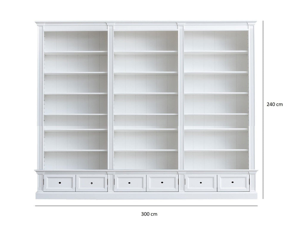 Classy Library Bücherregal - 300x43x240H cm - 18 verstellbare Bücherregale - 6 Schubladen