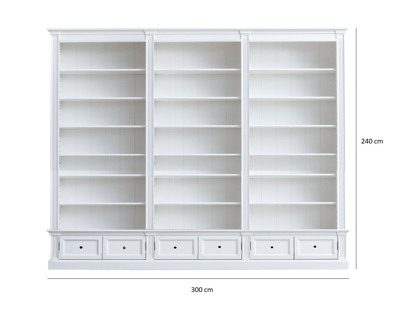 Classy Library Bücherregal - 300x43x240H cm - 18 verstellbare Bücherregale - 6 Schubladen