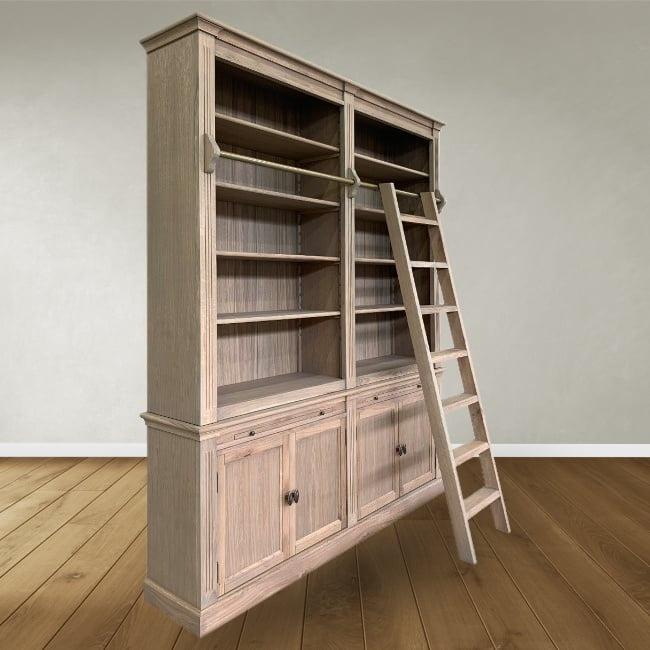 Bücherregal Melena del Sur - 200x43x240H cm - Eiche - mit Stange und Leiter - 10 Fachböden - 2 ausziehbare Fachböden - 4 geschlossene Flügeltüren - verstellbare Fachböden