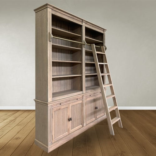 Bücherregal Melena del Sur - 200x43x240H cm - Eiche - mit Stange und Leiter - 10 Fachböden - 2 ausziehbare Fachböden - 4 geschlossene Flügeltüren - verstellbare Fachböden