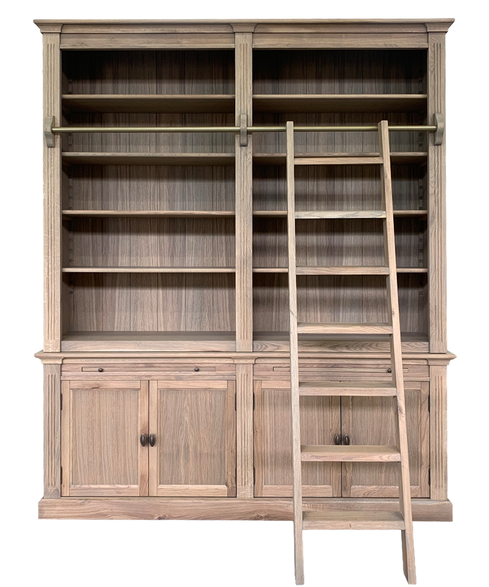Bücherregal Melena del Sur - 200x43x240H cm - Eiche - mit Stange und Leiter - 10 Fachböden - 2 ausziehbare Fachböden - 4 geschlossene Flügeltüren - verstellbare Fachböden