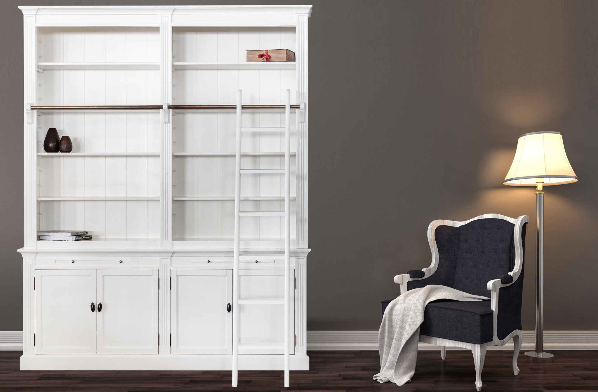 Bücherregal Melena del Sur - 200x40x240H cm - mit Stange und Leiter - 10 Fachböden - 2 ausziehbare Fachböden - 4 geschlossene Flügeltüren - verstellbare Fachböden