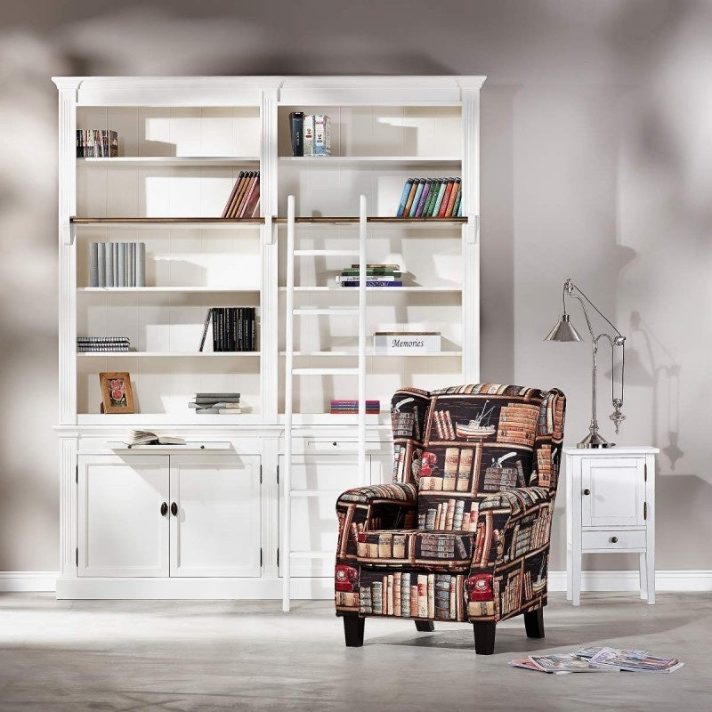 Bücherregal Melena del Sur - 200x40x240H cm - mit Stange und Leiter - 10 Fachböden - 2 ausziehbare Fachböden - 4 geschlossene Flügeltüren - verstellbare Fachböden