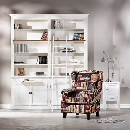 Bücherregal Melena del Sur - 200x40x240H cm - mit Stange und Leiter - 10 Fachböden - 2 ausziehbare Fachböden - 4 geschlossene Flügeltüren - verstellbare Fachböden
