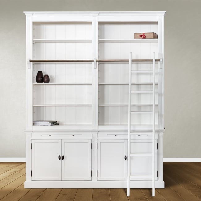 Bücherregal Melena del Sur - 200x40x240H cm - mit Stange und Leiter - 10 Fachböden - 2 ausziehbare Fachböden - 4 geschlossene Flügeltüren - verstellbare Fachböden