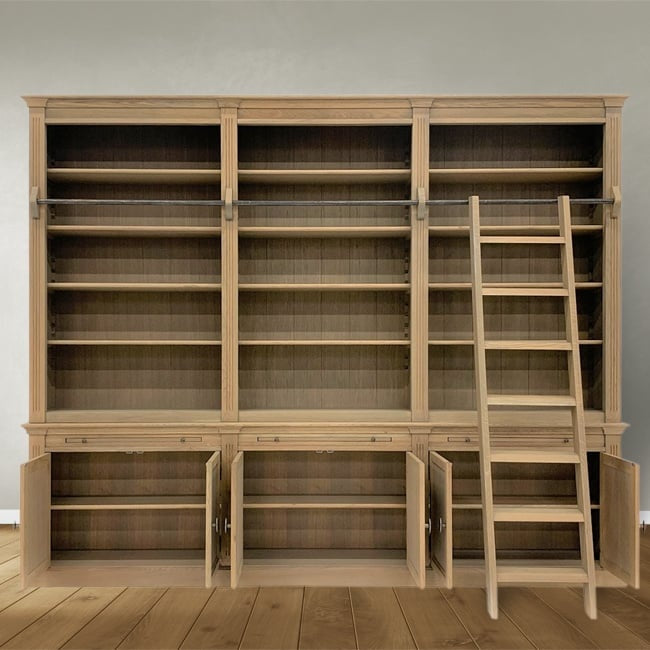 Bücherregal Melena del Sur - 300x43x240H cm - Eiche - mit Stange und Leiter - 15 Fachböden - 3 ausziehbare Fachböden - 6 geschlossene Flügeltüren - verstellbare Fachböden