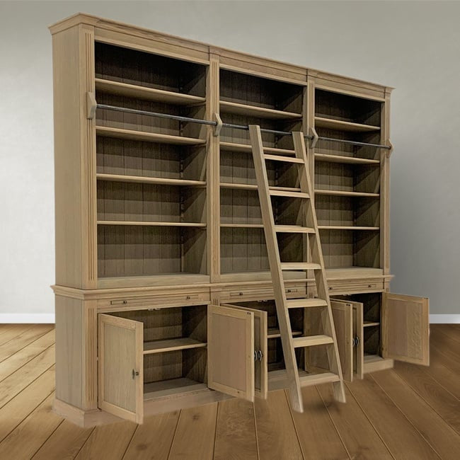 Bücherregal Melena del Sur - 300x43x240H cm - Eiche - mit Stange und Leiter - 15 Fachböden - 3 ausziehbare Fachböden - 6 geschlossene Flügeltüren - verstellbare Fachböden