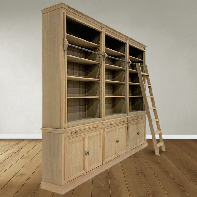Bücherregal Melena del Sur - 300x43x240H cm - Eiche - mit Stange und Leiter - 15 Fachböden - 3 ausziehbare Fachböden - 6 geschlossene Flügeltüren - verstellbare Fachböden
